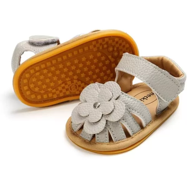 Meckior Baby Toddler Infant Girls PU Leather Soft Open Toe Summer Sandals Flower Princess Flat ShoesA10Gray