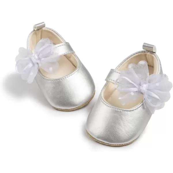 Meckior Infant Baby Girls Soft Sole Bowknot Princess Wedding Dress Mary Jane Flats Prewalker Newborn Light Baby Sneaker ShoesB02Silver
