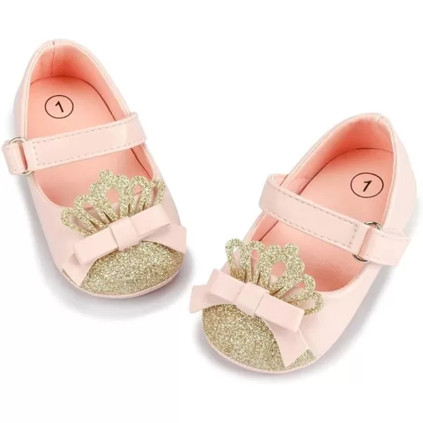Meckior Infant Baby Girls Soft Sole Bowknot Princess Wedding Dress Mary Jane Flats Prewalker Newborn Light Baby Sneaker ShoesE02Pink Gold