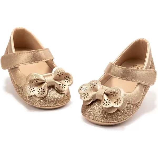 Meckior Infant Baby Girls Soft Sole Bowknot Princess Wedding Dress Mary Jane Flats Prewalker Newborn Light Baby Sneaker ShoesH01Gold