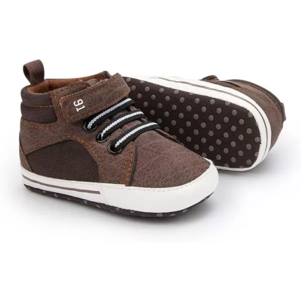 Meckior Toddler Baby Boys Girls High Tops Ankle Sneakers Soft AntiSlip Sole PU Leather Moccasins Infant Newborn Prewalker First Walking Crib ShoesA05Brown