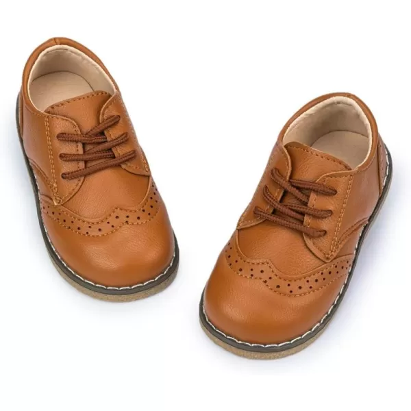 Meckior Toddler Boys Girls Dress Shoes Little Kid Oxford Shoes Wedding Church Dress Shoes PU Leather Lace Up School Uniform Loafer FlatsABrown