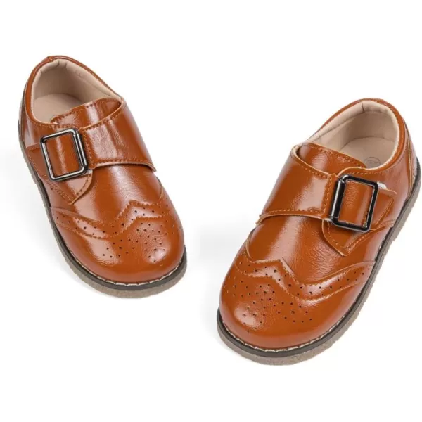 Meckior Toddler Boys Girls Dress Shoes Little Kid Oxford Shoes Wedding Church Dress Shoes PU Leather Lace Up School Uniform Loafer FlatsB10Brown