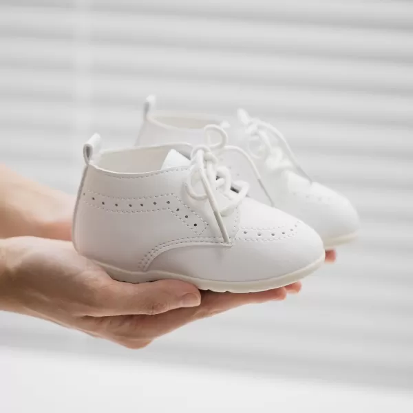 Meckior Infant Baby Boys Girls Classic PU Leather Wedding Loafers Brogue Toddler Oxford Dress Shoes First Steps Walking Flat Lazy Crib ShoeA02White