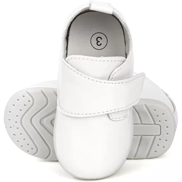 Meckior Infant Baby Boys Girls Classic PU Leather Wedding Loafers Brogue Toddler Oxford Dress Shoes First Steps Walking Flat Lazy Crib ShoeA04White