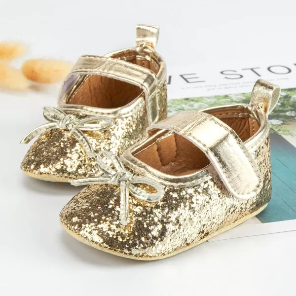 Meckior Infant Baby Girls Soft Sole Bowknot Princess Wedding Dress Mary Jane Flats Prewalker Newborn Light Baby Sneaker ShoesA20Gold