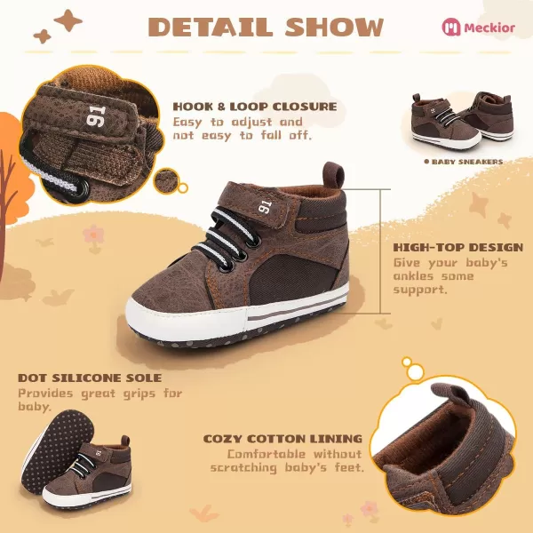 Meckior Toddler Baby Boys Girls High Tops Ankle Sneakers Soft AntiSlip Sole PU Leather Moccasins Infant Newborn Prewalker First Walking Crib ShoesA05Brown