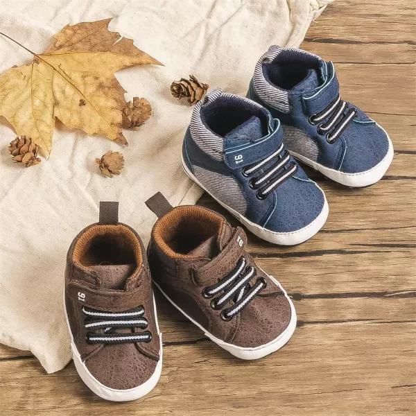 Meckior Toddler Baby Boys Girls High Tops Ankle Sneakers Soft AntiSlip Sole PU Leather Moccasins Infant Newborn Prewalker First Walking Crib ShoesA05Brown