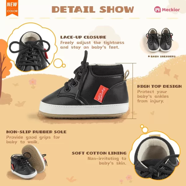 Meckior Toddler Baby Boys Girls High Tops Ankle Sneakers Soft AntiSlip Sole PU Leather Moccasins Infant Newborn Prewalker First Walking Crib ShoesA10Black