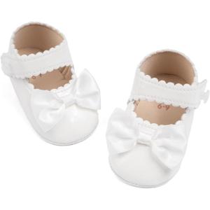 imageMeckior Newborn Baby Girls Dress Shoes Infant Bowknot Soft Sole Mary Jane Moccasins Baptism Christening Crib Shoes Wedding Princess FlatsB01White