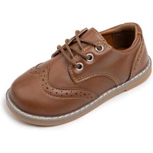 imageMeckior Toddler Boys Girls Dress Shoes Little Kid Oxford Shoes Wedding Church Dress Shoes PU Leather Lace Up School Uniform Loafer FlatsADeep Brown