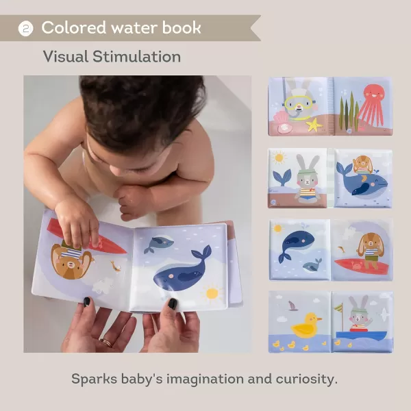 Taf Toys Bath Time Kit for Babies  Including Bath Book Cotton Hooded Towel Squeaking Bath Toys Boat Toy  with 5Piece Newborn Essentials Baby Boy Bath Gift Set Baptism Gifts