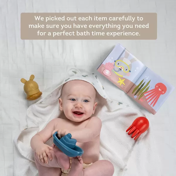 Taf Toys Bath Time Kit for Babies  Including Bath Book Cotton Hooded Towel Squeaking Bath Toys Boat Toy  with 5Piece Newborn Essentials Baby Boy Bath Gift Set Baptism Gifts