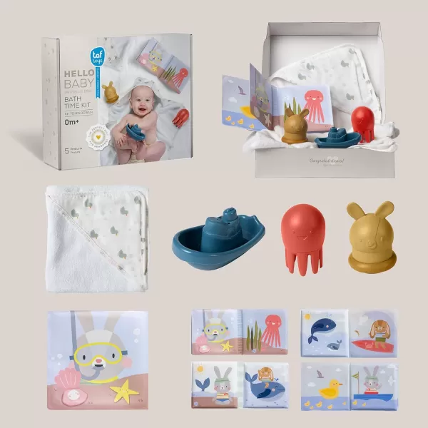 Taf Toys Bath Time Kit for Babies  Including Bath Book Cotton Hooded Towel Squeaking Bath Toys Boat Toy  with 5Piece Newborn Essentials Baby Boy Bath Gift Set Baptism Gifts