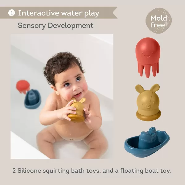 Taf Toys Bath Time Kit for Babies  Including Bath Book Cotton Hooded Towel Squeaking Bath Toys Boat Toy  with 5Piece Newborn Essentials Baby Boy Bath Gift Set Baptism Gifts