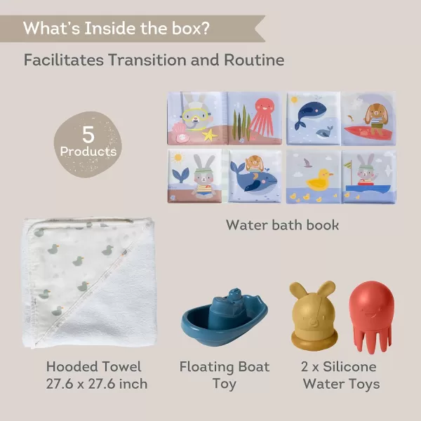 Taf Toys Bath Time Kit for Babies  Including Bath Book Cotton Hooded Towel Squeaking Bath Toys Boat Toy  with 5Piece Newborn Essentials Baby Boy Bath Gift Set Baptism Gifts