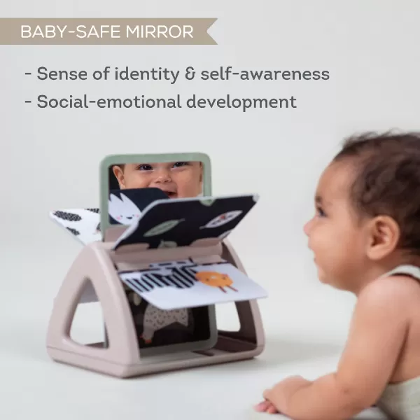 Taf Toys Black ampamp White Rattling Spinning Book High Contrast Newborn Baby Toy 06 612 Months with Mirror for Visual Stimulation Tummy Time ampamp Early Cognitive Development Montessori Learning Activity