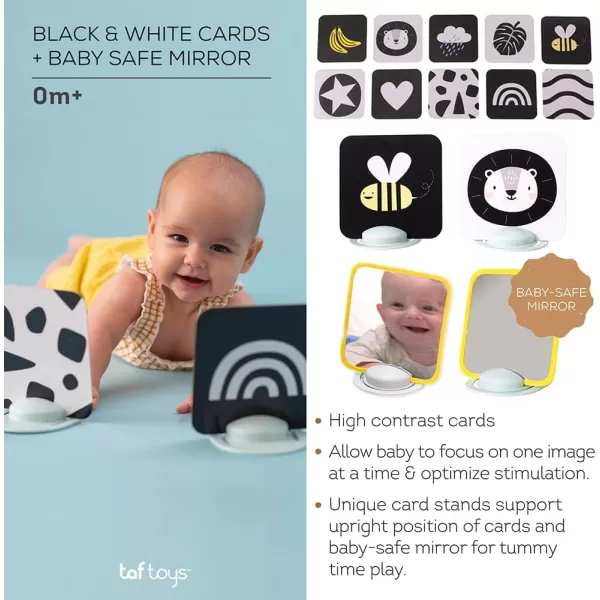 Taf Toys High Contrast Baby Flash Cards ampamp Baby Safe Mirror for Tummy time  Black White Colorful Visual Stimulation for Babies Age 036 Months  55 x 55 Educational Newborn Infants Toys Gift