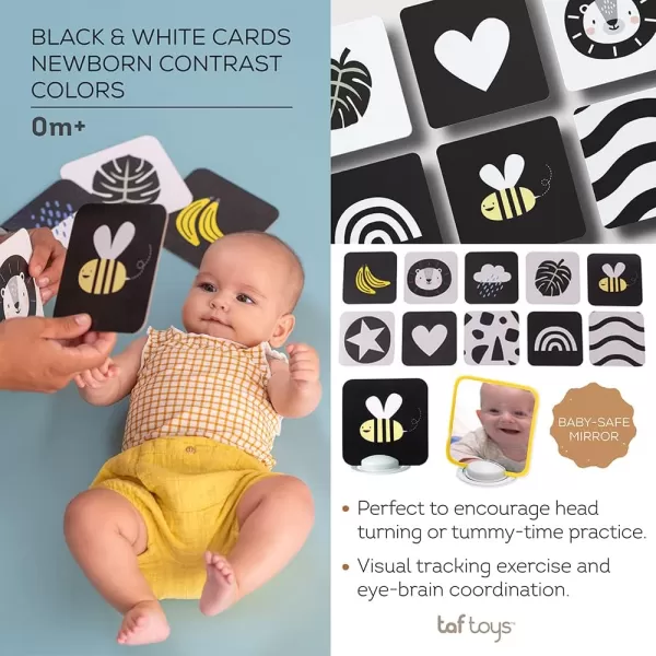 Taf Toys High Contrast Baby Flash Cards ampamp Baby Safe Mirror for Tummy time  Black White Colorful Visual Stimulation for Babies Age 036 Months  55 x 55 Educational Newborn Infants Toys Gift