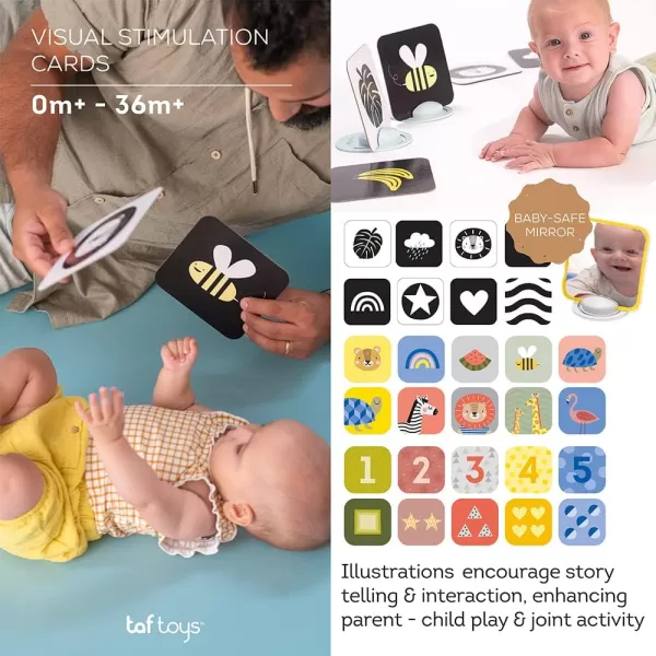 Taf Toys High Contrast Baby Flash Cards ampamp Baby Safe Mirror for Tummy time  Black White Colorful Visual Stimulation for Babies Age 036 Months  55 x 55 Educational Newborn Infants Toys Gift