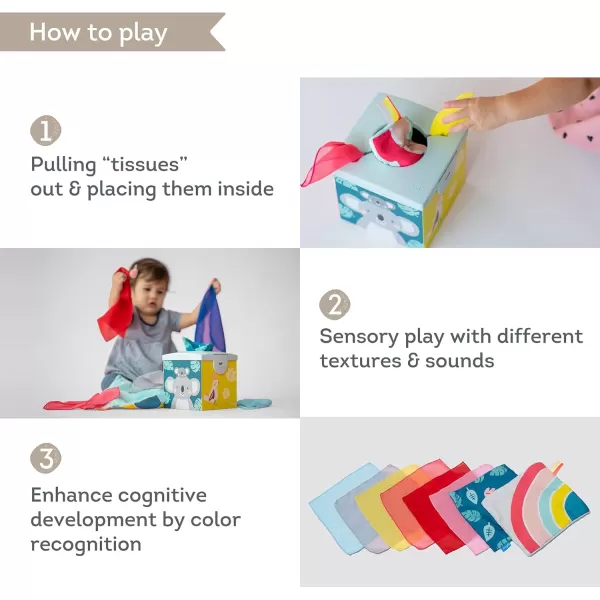 Taf Toys Sensory Crinkle Tissue Box for Toddlers STEM Montessori Toy with Colorful Soft Scarves and Crinkling BlankiesCrinkle Tissue Box