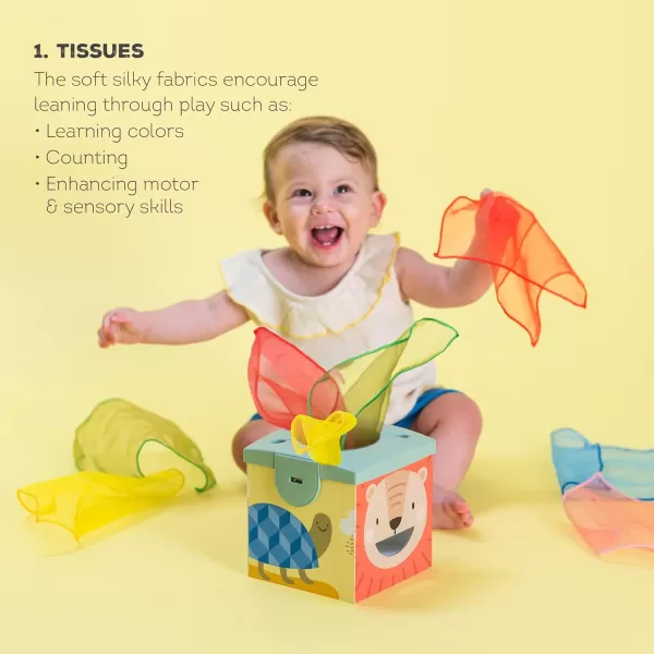 Taf Toys Sensory Crinkle Tissue Box for Toddlers STEM Montessori Toy with Colorful Soft Scarves and Crinkling BlankiesSquare Sensory Toy