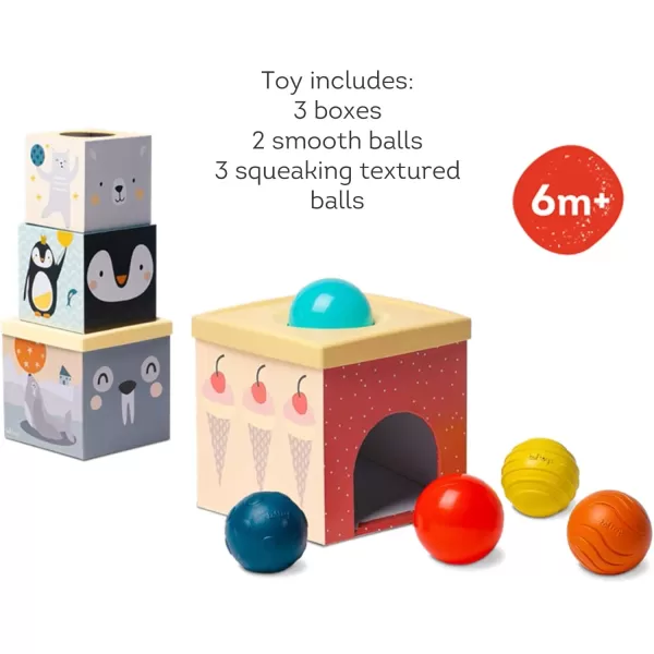 Taf Toys Toddlers Object Permanence Ball Drop Stacker Made of Strong ampamp Durable Cardboard Box ampamp Plastic Cover Perfect Developmental Toy for TummyTime