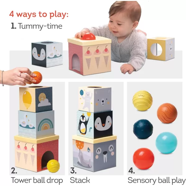 Taf Toys Toddlers Object Permanence Ball Drop Stacker Made of Strong ampamp Durable Cardboard Box ampamp Plastic Cover Perfect Developmental Toy for TummyTime