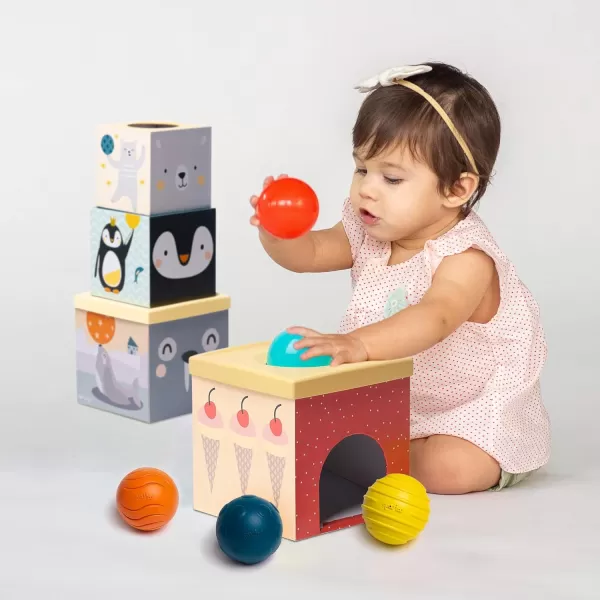 Taf Toys Toddlers Object Permanence Ball Drop Stacker Made of Strong ampamp Durable Cardboard Box ampamp Plastic Cover Perfect Developmental Toy for TummyTime