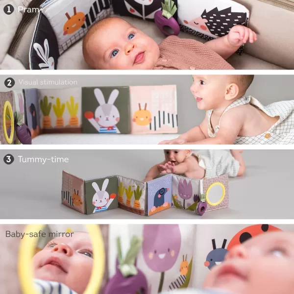 Taf Toys Urban Garden Soft Cloth Newborn Book Crinkle Baby Book High Contrast Sensory Toys Early Education Activity Toy Infant Tummy Time Toys MultiSensory Textures and a BabySafe Mirror