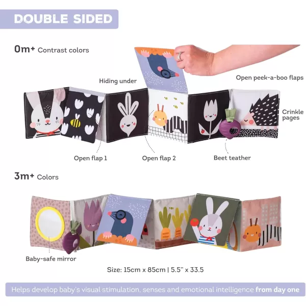 Taf Toys Urban Garden Soft Cloth Newborn Book Crinkle Baby Book High Contrast Sensory Toys Early Education Activity Toy Infant Tummy Time Toys MultiSensory Textures and a BabySafe Mirror