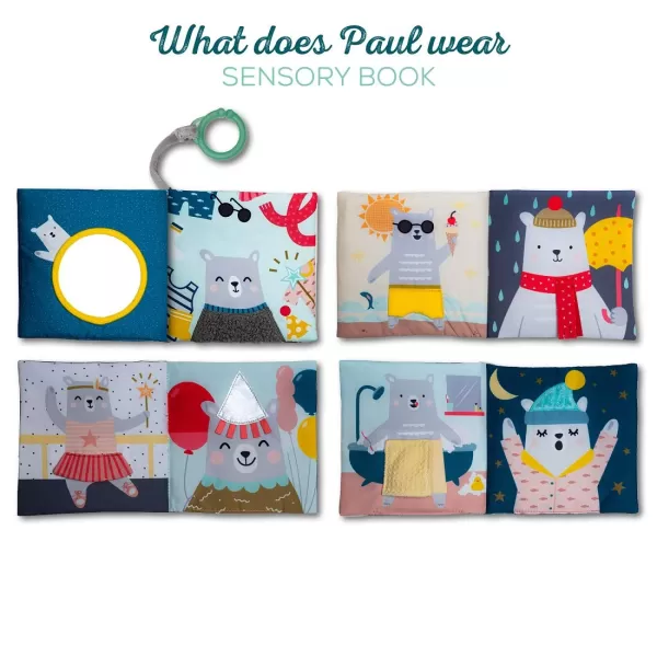 Taf Toys What Does Paul Wear Book Interactive Soft Pages Sensory Book Early Education Crinkle Activity Book with Textures and Baby Safe Mirror OnTheGo Parent and Babys Travel Companion