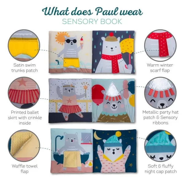 Taf Toys What Does Paul Wear Book Interactive Soft Pages Sensory Book Early Education Crinkle Activity Book with Textures and Baby Safe Mirror OnTheGo Parent and Babys Travel Companion