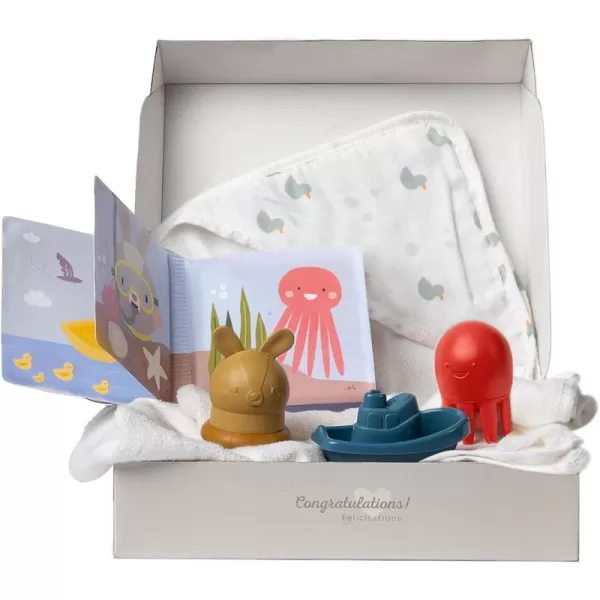 Taf Toys Bath Time Kit for Babies  Including Bath Book Cotton Hooded Towel Squeaking Bath Toys Boat Toy  with 5Piece Newborn Essentials Baby Boy Bath Gift Set Baptism Gifts