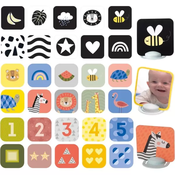 Taf Toys High Contrast Baby Flash Cards ampamp Baby Safe Mirror for Tummy time  Black White Colorful Visual Stimulation for Babies Age 036 Months  55 x 55 Educational Newborn Infants Toys Gift