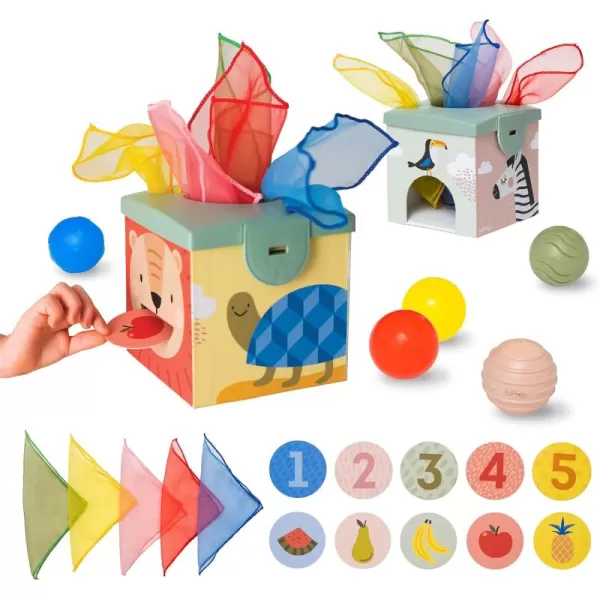Taf Toys Sensory Crinkle Tissue Box for Toddlers STEM Montessori Toy with Colorful Soft Scarves and Crinkling BlankiesSquare Sensory Toy