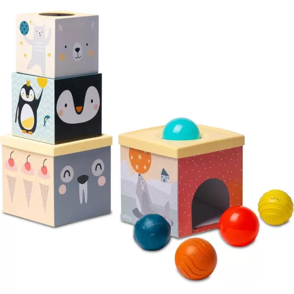 Taf Toys Toddlers Object Permanence Ball Drop Stacker Made of Strong ampamp Durable Cardboard Box ampamp Plastic Cover Perfect Developmental Toy for TummyTime
