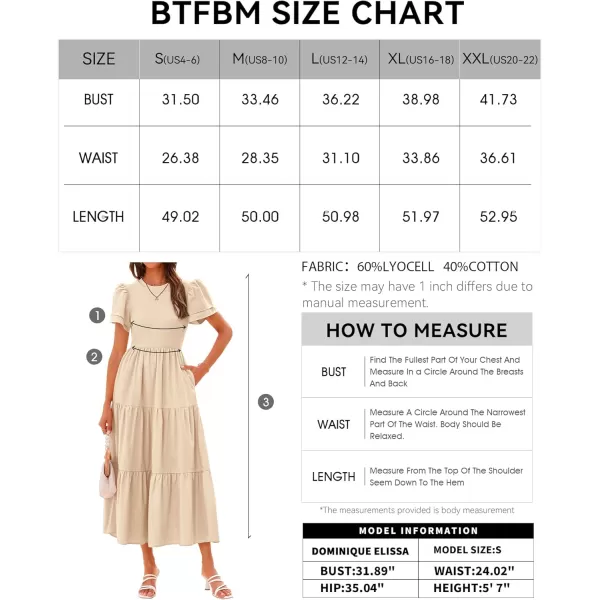 BTFBM 2024 Women Casual Summer Dresses Crewneck Flutter Short Sleeve Elastic Waist Flowy Aline Tiered Maxi Dress PocketsSolid Beige