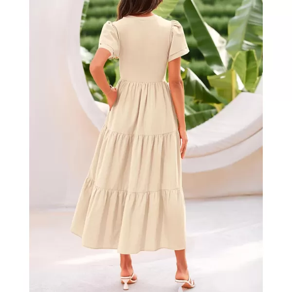BTFBM 2024 Women Casual Summer Dresses Crewneck Flutter Short Sleeve Elastic Waist Flowy Aline Tiered Maxi Dress PocketsSolid Beige