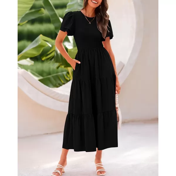 BTFBM 2024 Women Casual Summer Dresses Crewneck Flutter Short Sleeve Elastic Waist Flowy Aline Tiered Maxi Dress PocketsSolid Black