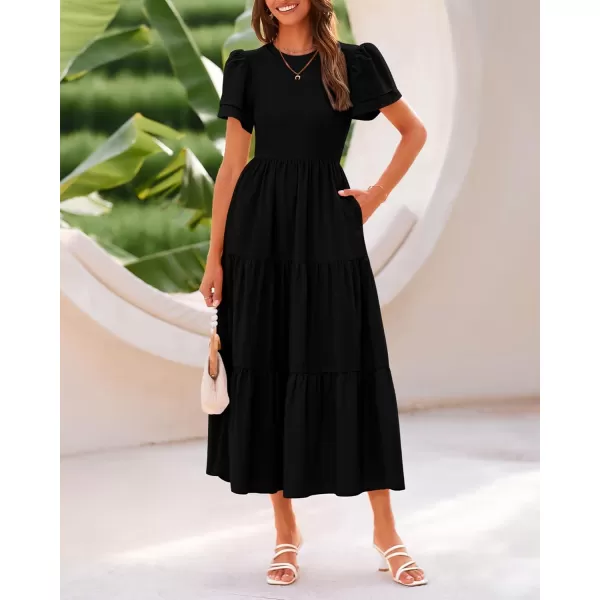 BTFBM 2024 Women Casual Summer Dresses Crewneck Flutter Short Sleeve Elastic Waist Flowy Aline Tiered Maxi Dress PocketsSolid Black