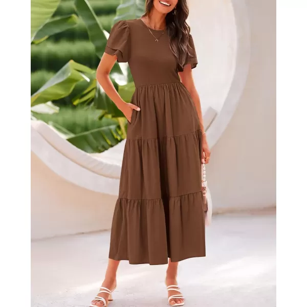BTFBM 2024 Women Casual Summer Dresses Crewneck Flutter Short Sleeve Elastic Waist Flowy Aline Tiered Maxi Dress PocketsSolid Brown