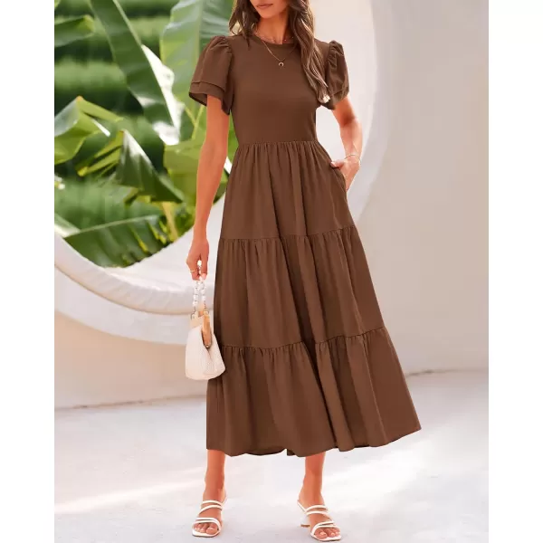 BTFBM 2024 Women Casual Summer Dresses Crewneck Flutter Short Sleeve Elastic Waist Flowy Aline Tiered Maxi Dress PocketsSolid Brown