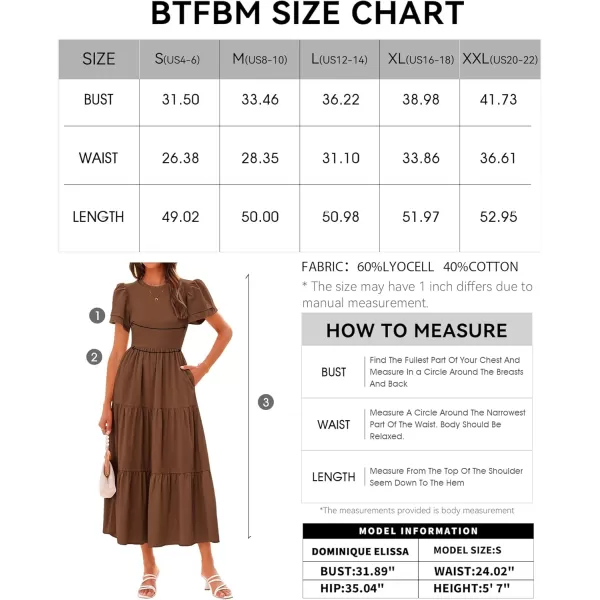 BTFBM 2024 Women Casual Summer Dresses Crewneck Flutter Short Sleeve Elastic Waist Flowy Aline Tiered Maxi Dress PocketsSolid Brown