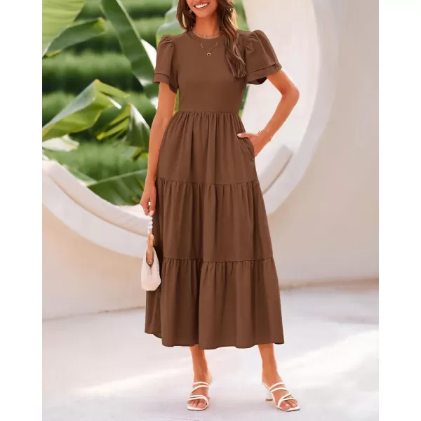 BTFBM 2024 Women Casual Summer Dresses Crewneck Flutter Short Sleeve Elastic Waist Flowy Aline Tiered Maxi Dress PocketsSolid Brown