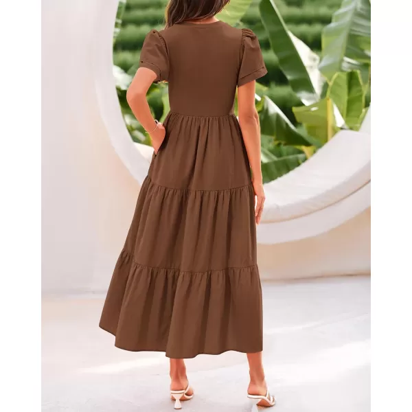 BTFBM 2024 Women Casual Summer Dresses Crewneck Flutter Short Sleeve Elastic Waist Flowy Aline Tiered Maxi Dress PocketsSolid Brown