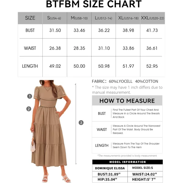 BTFBM 2024 Women Casual Summer Dresses Crewneck Flutter Short Sleeve Elastic Waist Flowy Aline Tiered Maxi Dress PocketsSolid Khaki