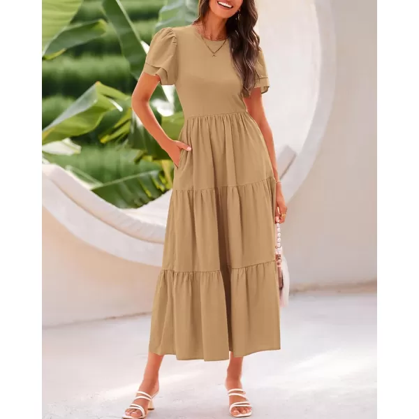BTFBM 2024 Women Casual Summer Dresses Crewneck Flutter Short Sleeve Elastic Waist Flowy Aline Tiered Maxi Dress PocketsSolid Khaki