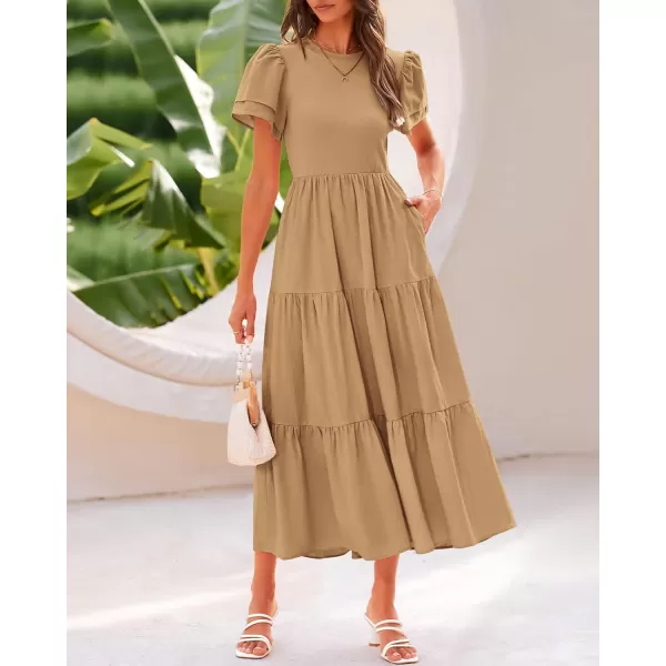 BTFBM 2024 Women Casual Summer Dresses Crewneck Flutter Short Sleeve Elastic Waist Flowy Aline Tiered Maxi Dress PocketsSolid Khaki
