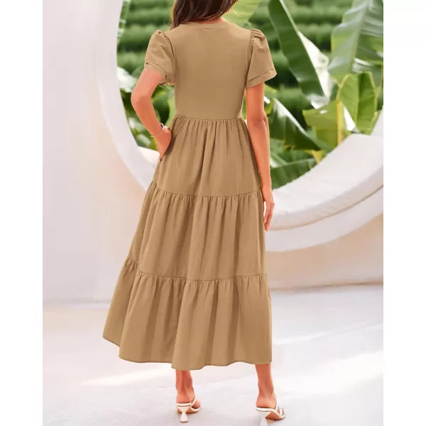 BTFBM 2024 Women Casual Summer Dresses Crewneck Flutter Short Sleeve Elastic Waist Flowy Aline Tiered Maxi Dress PocketsSolid Khaki
